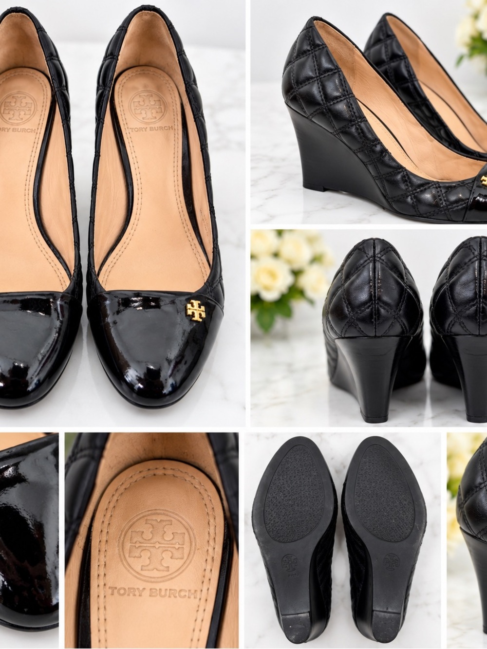 Tory Burch Black Quilted Patent Leather Wedge Pumps